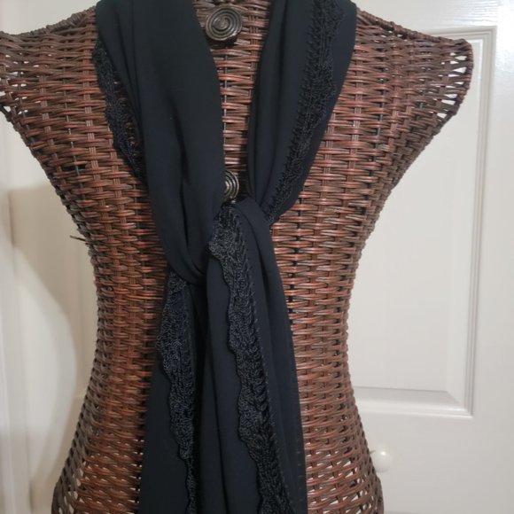 Large Black Shear Dress Scarf with Crotched Edges and Fringe - Picture 8 of 13